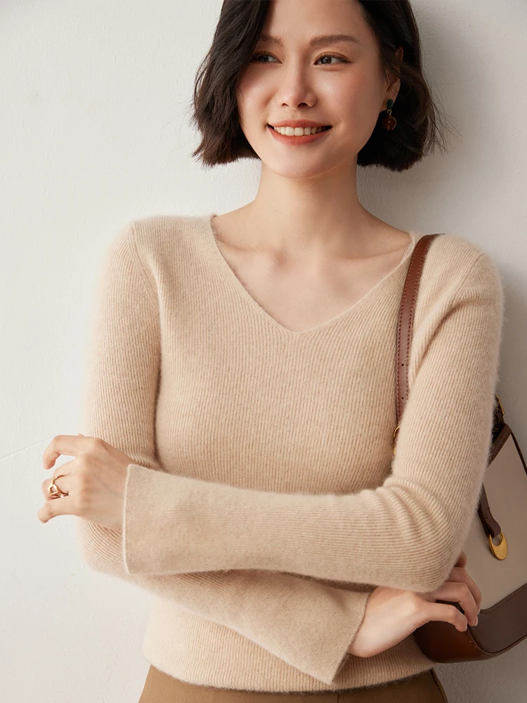 CHICUU Women V-neck Base Slim Pullover Sweater 100% Cashmere Knitwear Autumn Winter Soft Warm Cashmere Sweater Tops