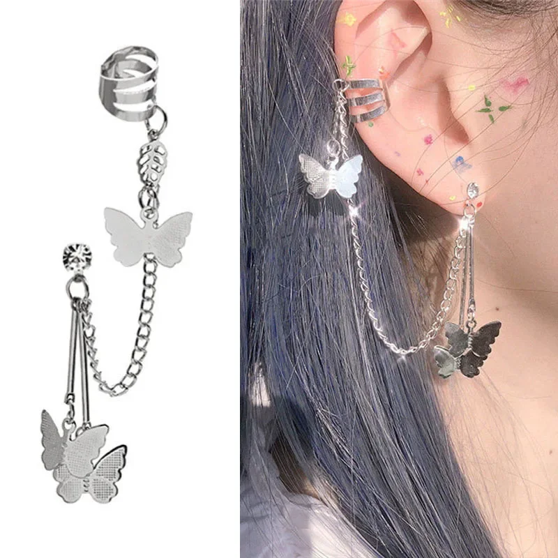 Geometric Butterfly Ear Cuffs Korean Earrings for Teens Women punk Tassel Chain Ear Clips Wedding Party Fashion Jewelry Gift