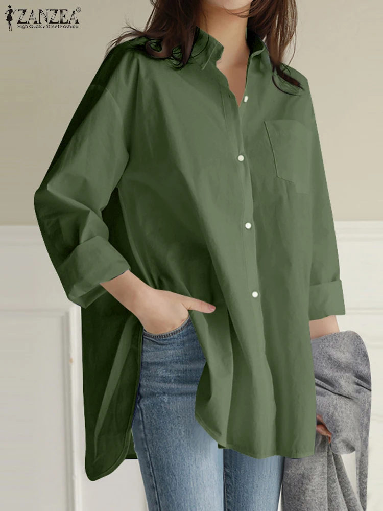 ZANZEA 긴 소매 여성 Camisas Turn-Down Colar 둥근 밑단 특대 streetwear 긴 셔츠 캐주얼 2025 Spring Chemise Femme