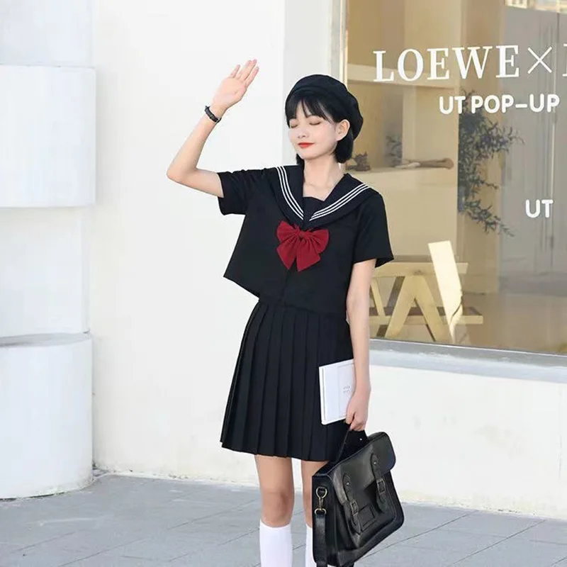 Uniforme escolar japonês meninas plus size jk terno gravata vermelha preto três básicos uniforme de marinheiro feminino terno de manga longa