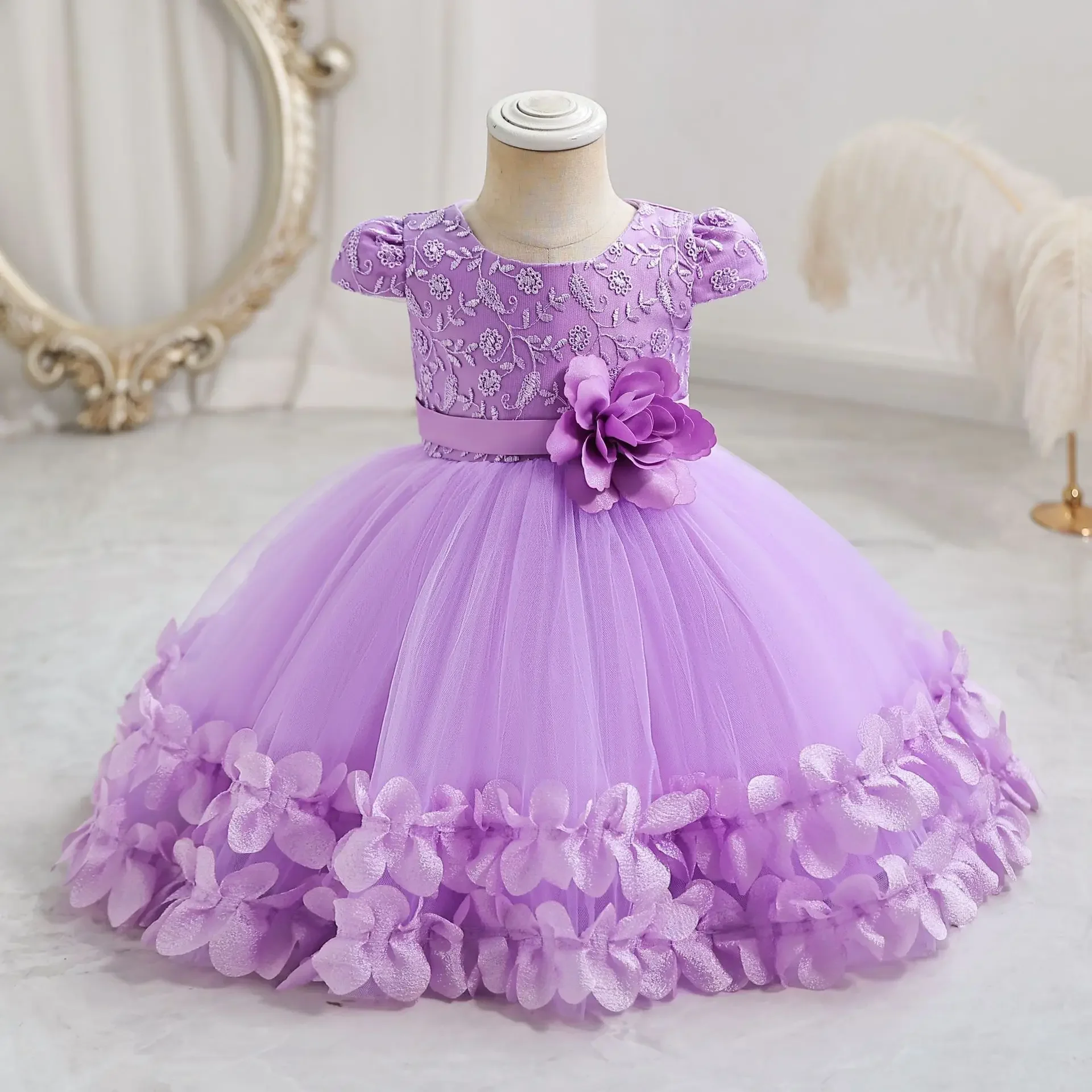 Flower Princess Dress For Girls 0 to 12 months Cute Bowknot Petal Clothes Baby Girl Gowns Embroidery Toddler Newborn One-piece