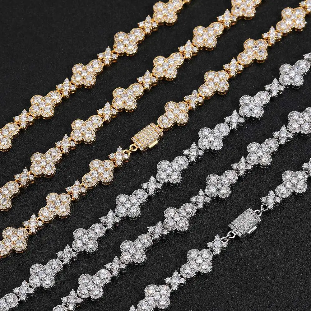 

HipHop Iced Out Jewelry New Style Shiny Diamond Cross Link Chain Women Full Pave Zircon Gold Plated Flower Chain Choker Necklace