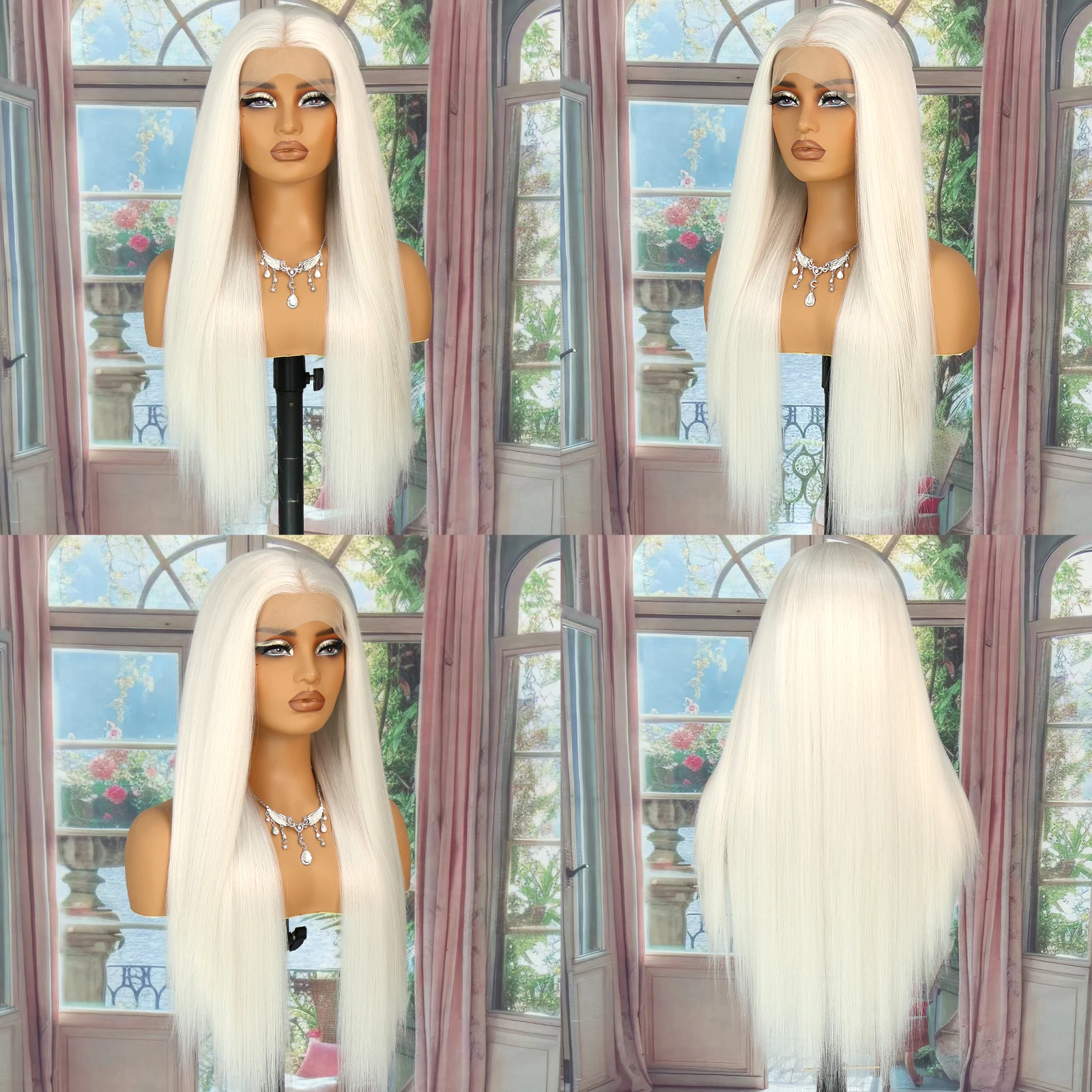 Aubree cabelo sintético peruca 13*4 frente do laço perucas cosplay cor branca 28 polegadas longa reta 180% densidade peruca sem cola