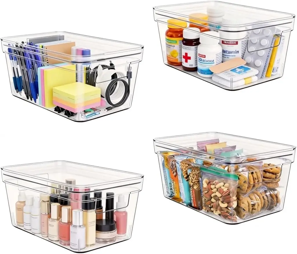 

Clear Plastic Storage Bins with Lids, Stackable Organizer for Kitchen, Bathroom, Closet - 4 Pack (10x6x5 in)