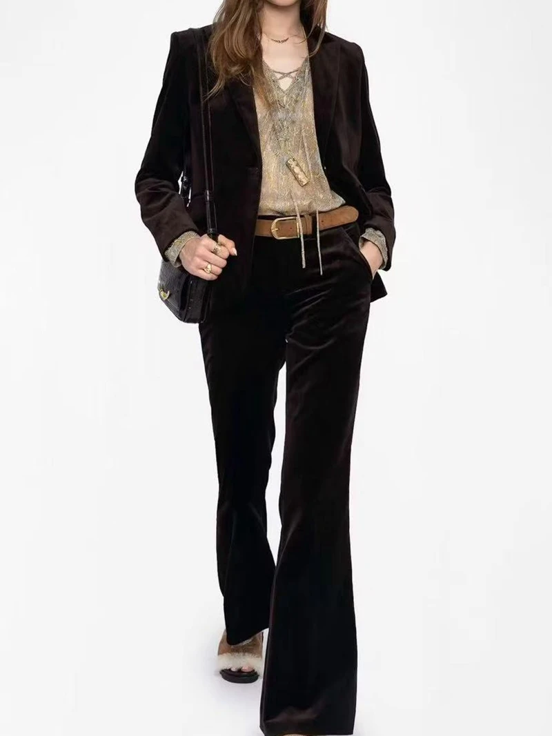 

Бархатный костюм на осень и зиму 2024, новый модный и повседневный стиль, брюки из чистого хлопка глубокого кофейного цвета