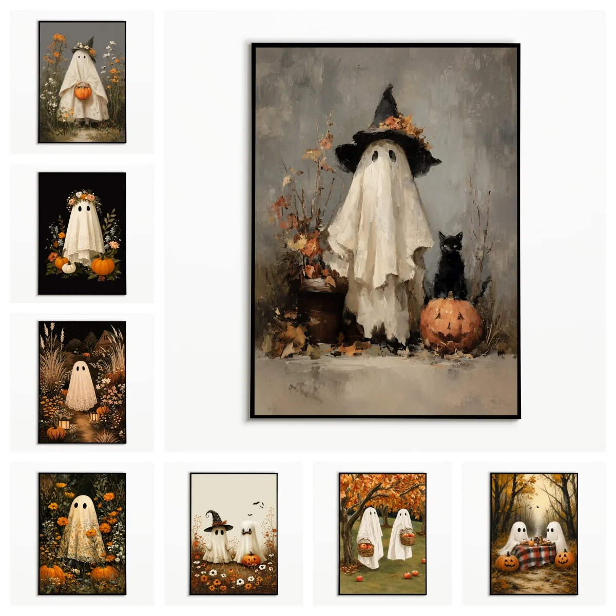 1 Stück Hexenhut Geist Schwarze Katze Poster Halloween Kürbis Wandkunst Leinwanddruck Herbstfestgeschenk Retro Schlafzimmerdekoration