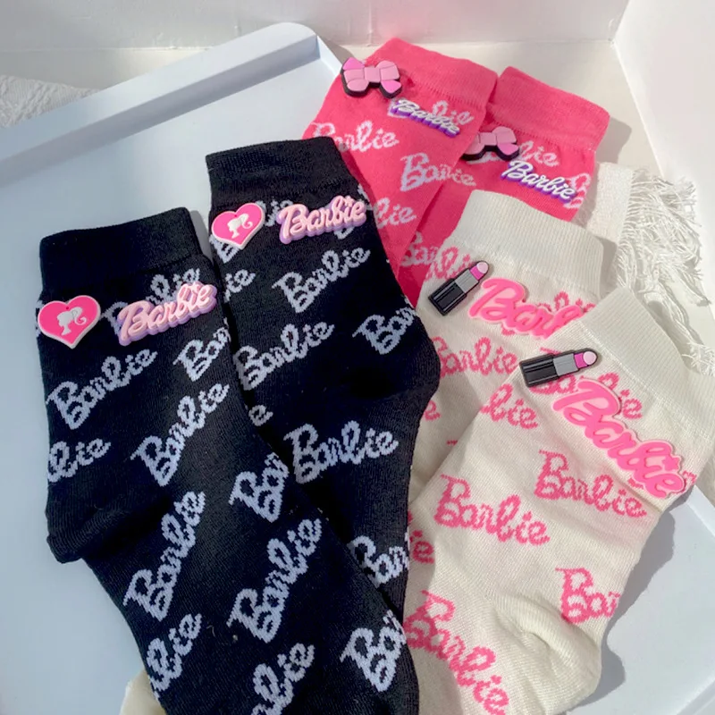 Kawaii Barbie Love Letter Printed Socks Anime Fashion Women Winter Soft Warm Y2K Breathable Girly Heart Home Floor Sock Gifts