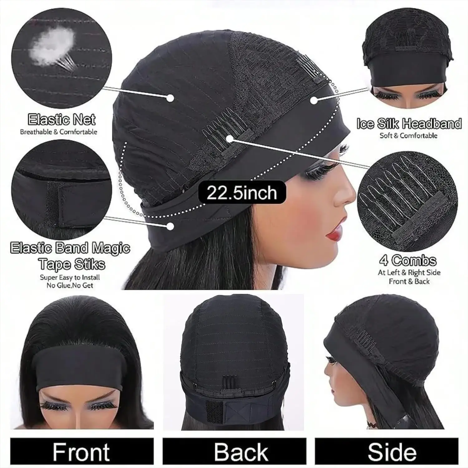 شعر مستعار برازيلي بشري عصابة رأس للنساء السمراوات ، موجة عميقة ، بدون لاصق ، بدون دانتيل أمامي ، 24"