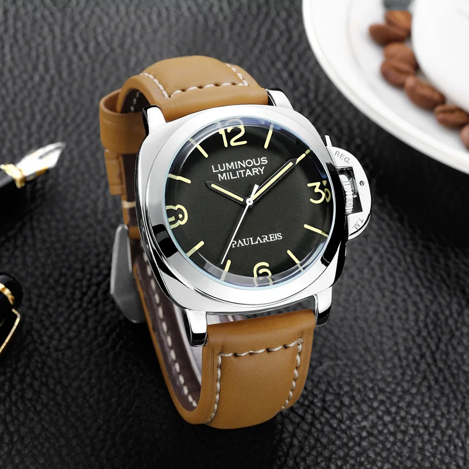 ساعة أوتوماتيكية للرجال حركة ميكانيكية جلد بني أصلي أصفر أخضر فاخر ذهبي وردي عسكري