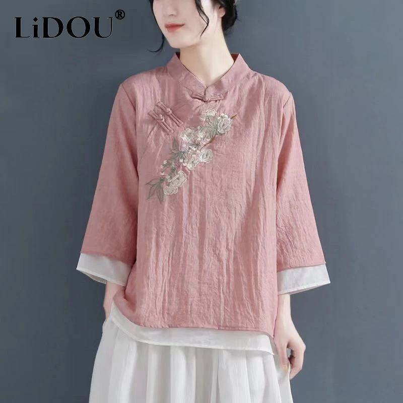 2023 Spring Summer New Chinese Style Cotton Hemp Round Neck Three Quarter Shirt Women Vintage Elegant Embroidered Pullovers