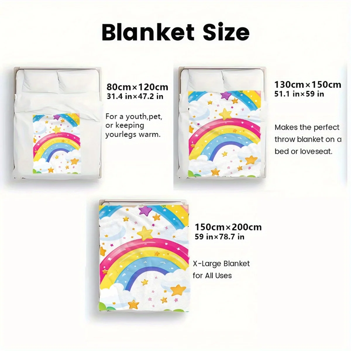 1pc Rainbow Stars & Clouds Fleece Blanket - Lightweight All-Season Soft Warm Throw with Pastel Rainbow, Fluffy Clouds & Colorful