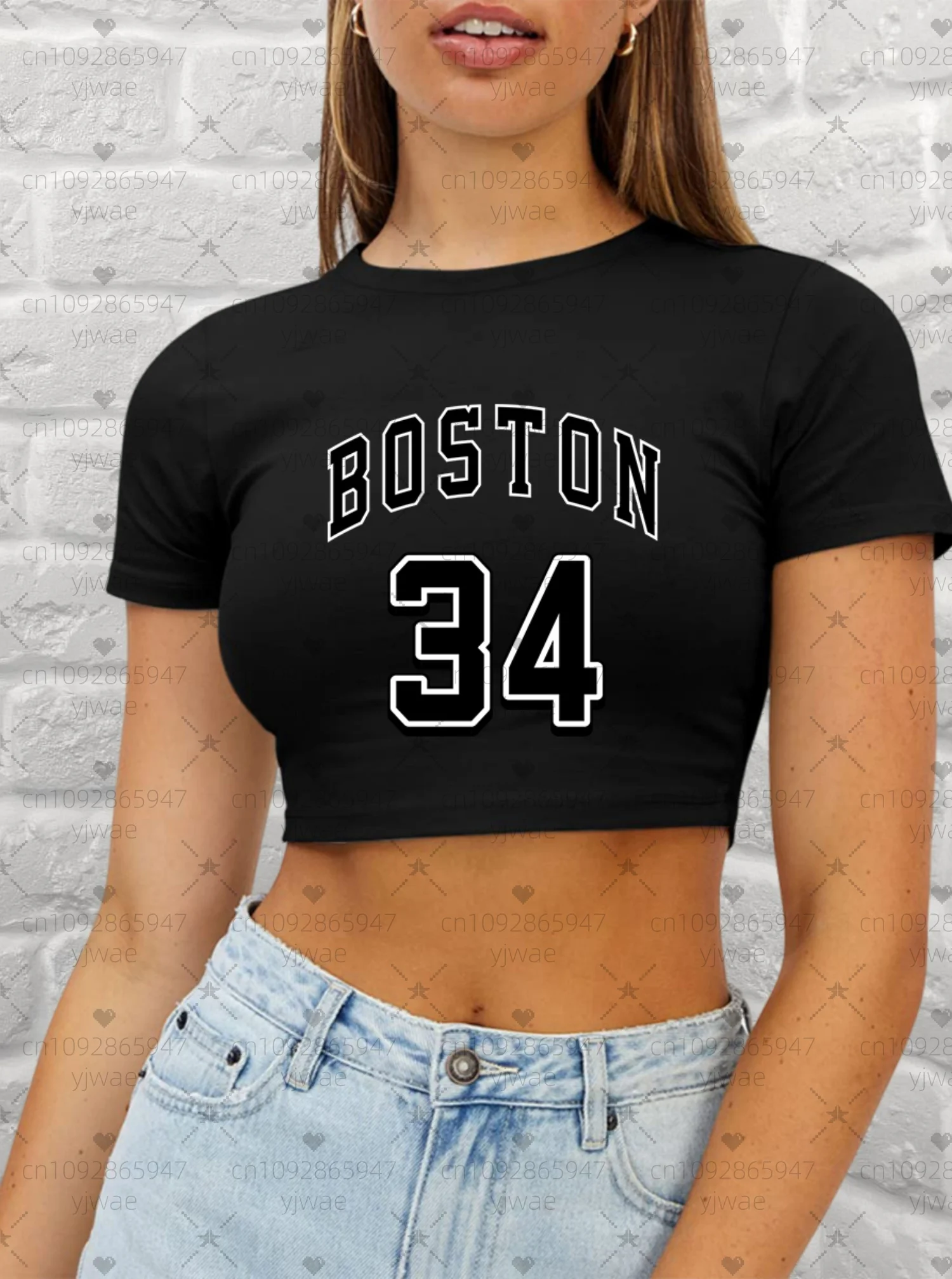2025年夏新作 レディース ボストン NO.34 プリント カジュアル クロップド ショート丈 Tシャツ グラフィックTシャツ ラウンドネック カジュアル ショート丈トップス