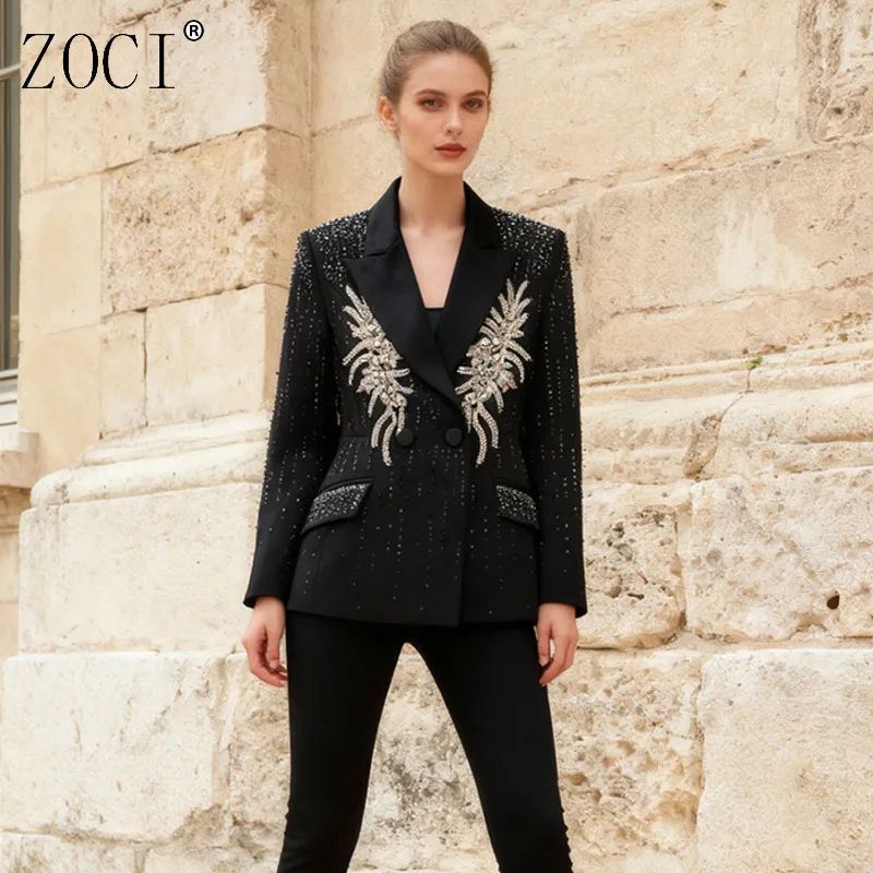 

ZOCI пиджаки со стразами для женщин, лоскутные пиджаки, уникальный дизайн, модные женские пальто с длинными рукавами и зубчатым воротником, новинка 2023 года