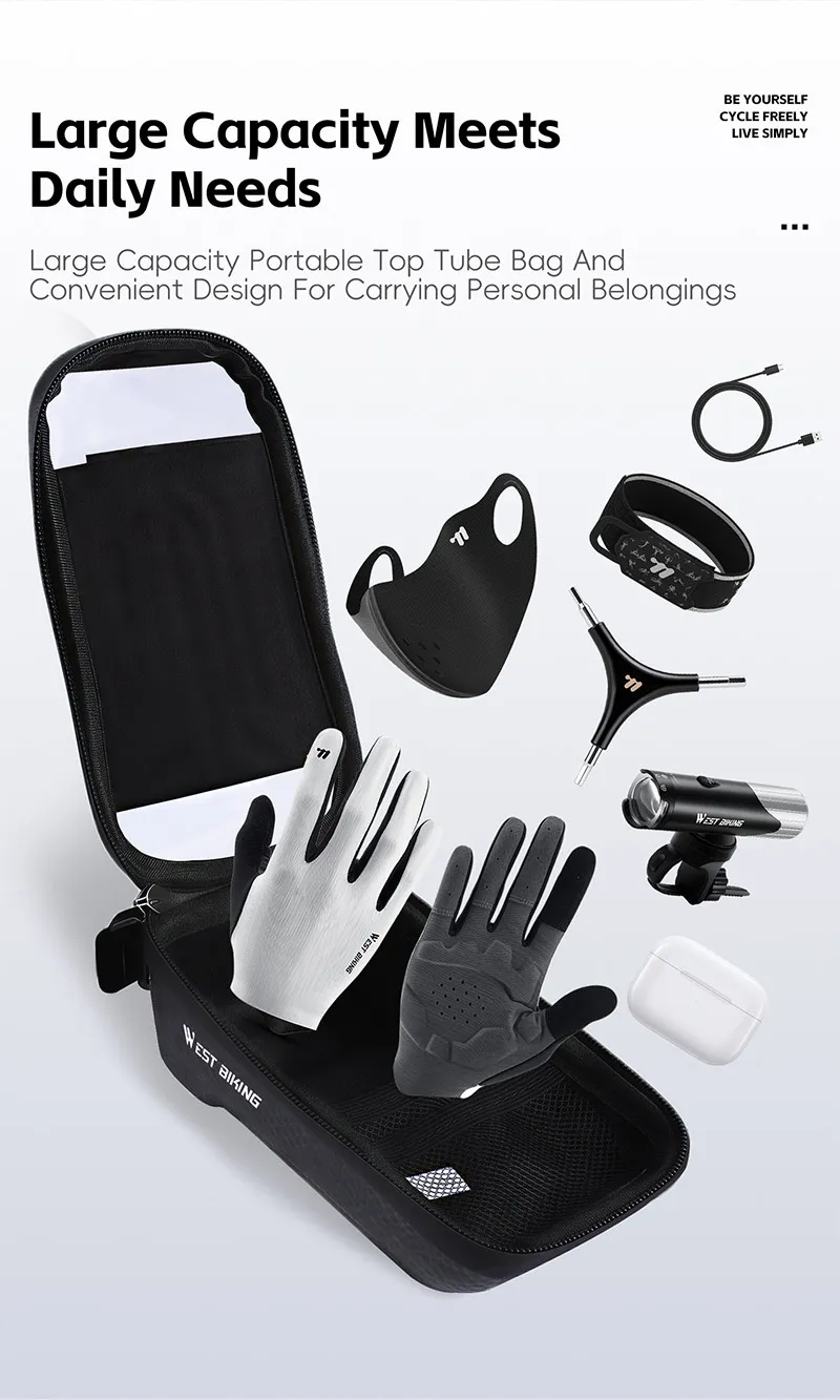 WEST BIKING Touchscreen-Fahrradtasche für Handys, wasserdichte Hartschalen-Oberrohrtasche für Straßen- und Mountainbikes mit dreifach stabilem Haken – Detail 6