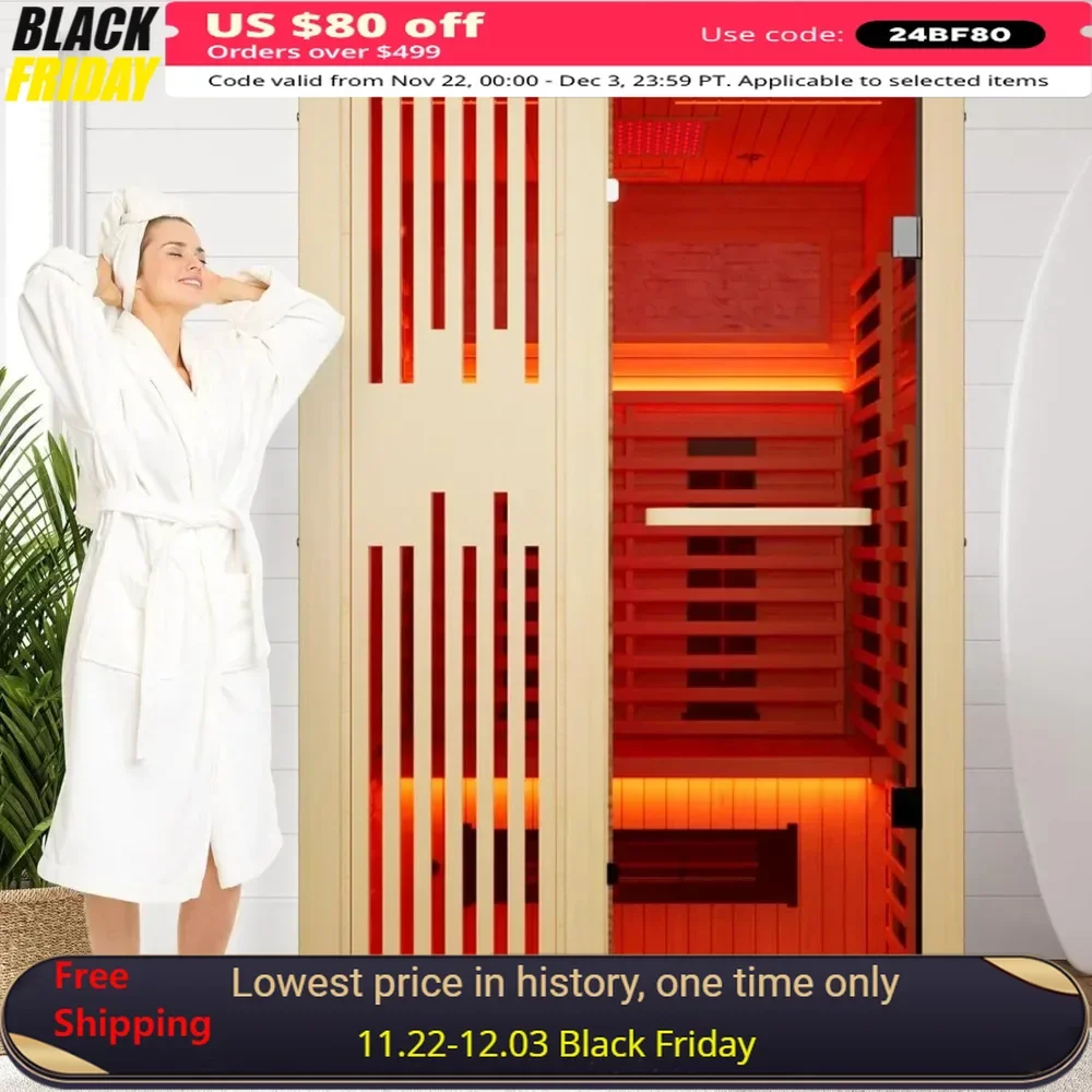 Full Spectrum Sauna for Home, 1~2 Person Indoor Infrared Saunas Room, Canadian Hemlock Wood Home Infrared Sauna