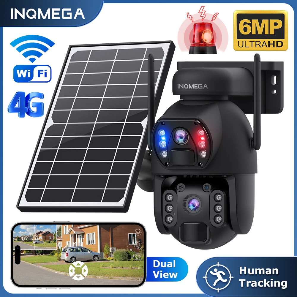 INQMEGA-PTZ Câmera ao ar livre com lente dupla, PTZ, PTZ, 4G, SIM, Inteligente, Al, PIR, Detecção Humana, Vermelho e Azul, Luz de Alarme, Áudio