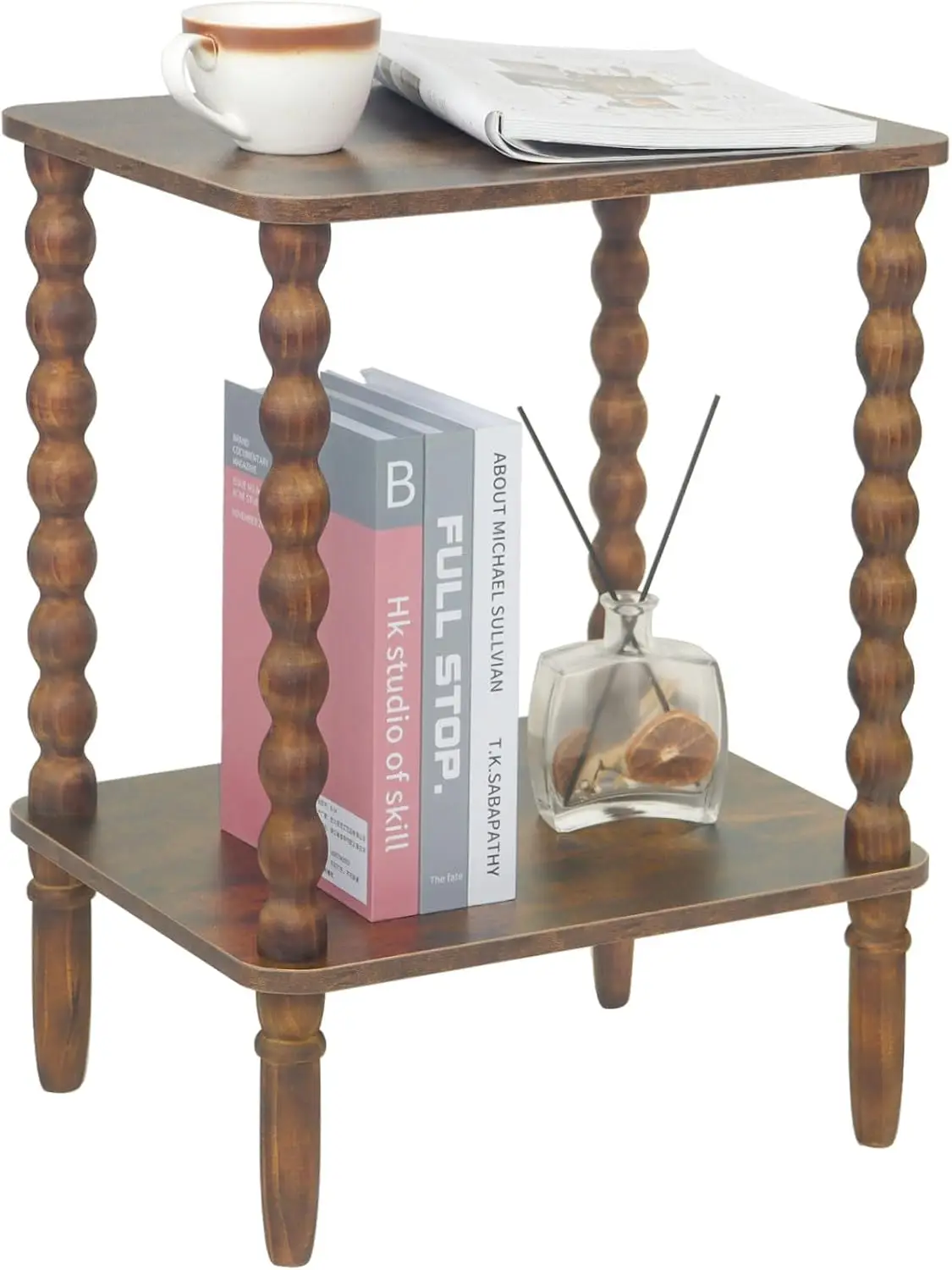 

Small Side Table with Storage Shelf, 2-Tier Coffee Table for Living Room or Bedroom, Narrow Space (Rustic Brown)