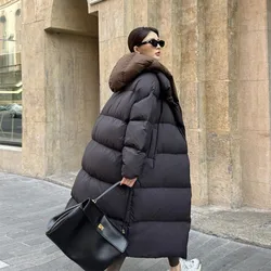 Winter Long Down Jacket Women's 2025 New White Goose Down Korean version Fake two-piece Spliced Hooded Coats Female Warm Parkas