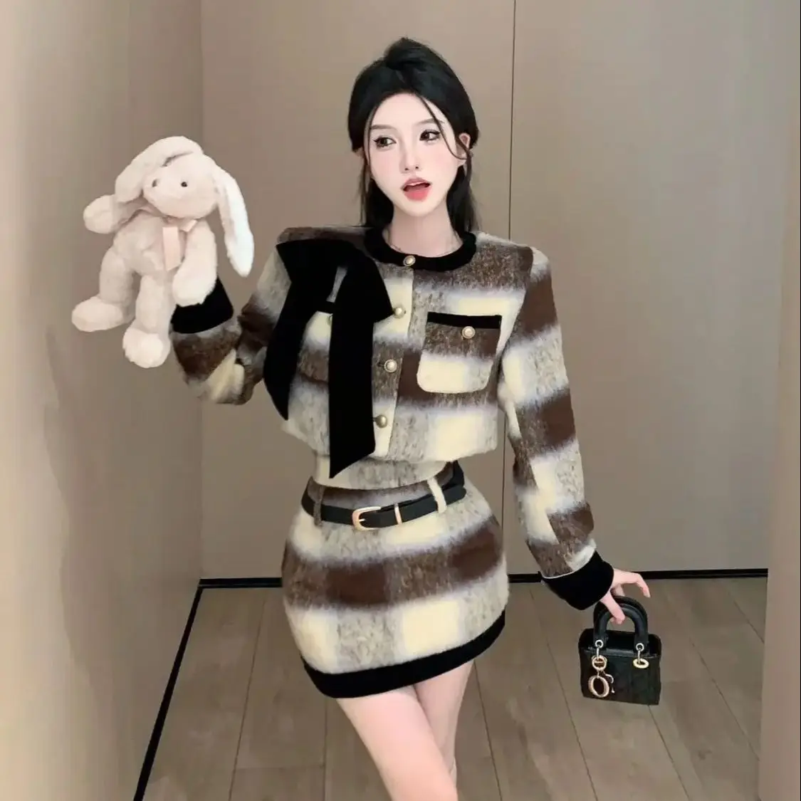 Plaid Suit Women Autumn Winter Maillard Style Hot Girl Woolen Coat High-Waisted A-Line Skirt Fashionable Two-Piece Set