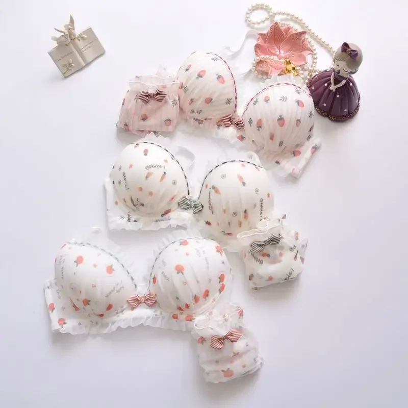 Plus Size Kawaii Push Up Bra Sets Girl Cute Bow Floral Bra Summer Dot Small Fresh Comfortable Underwear ABCD Cup