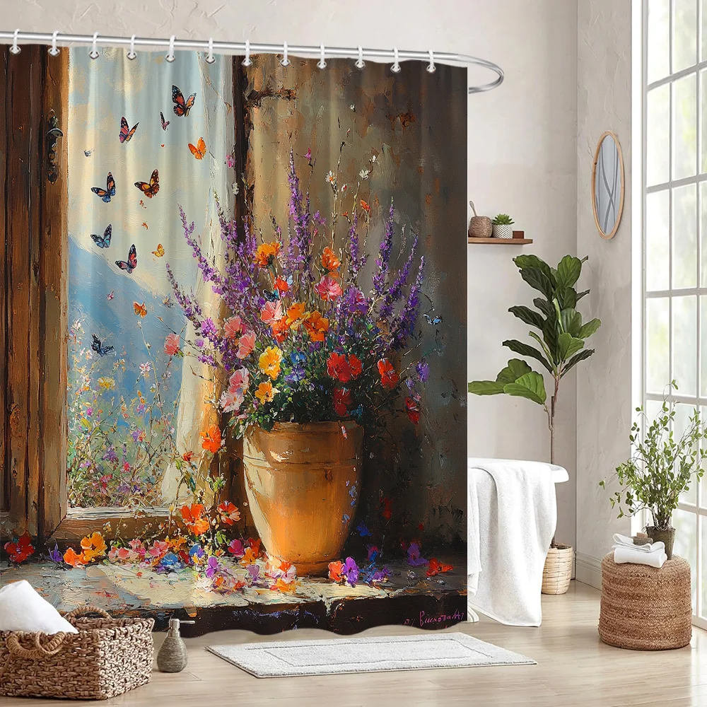 

Яркая водонепроницаемая занавеска для душа с цветочным принтом и бабочкой для ванной комнаты, высококачественная занавеска для туалетной перегородки с художественным дизайном горшка