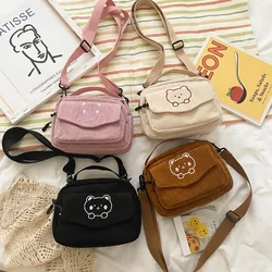 Women Canvas Zipper Bag Preppy Style Student Tote Shoulder Messenger Bag Small Corduroy Bag Satchel Travel Purse Handbag