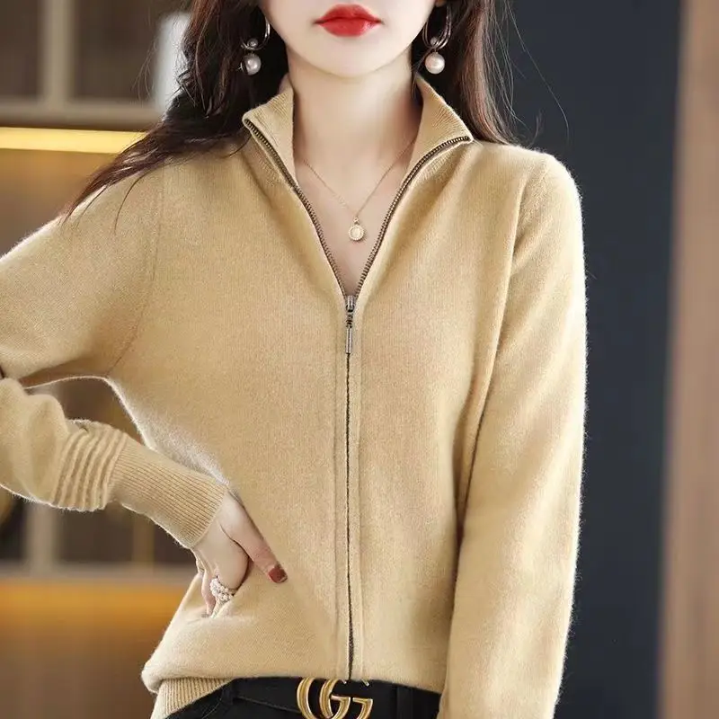 2024 Spring and Autumn New Woolen Sweater Women\'s Zipper High Neck Sweater Coat Fashion Short Solid Color Cardigan Top Trendy