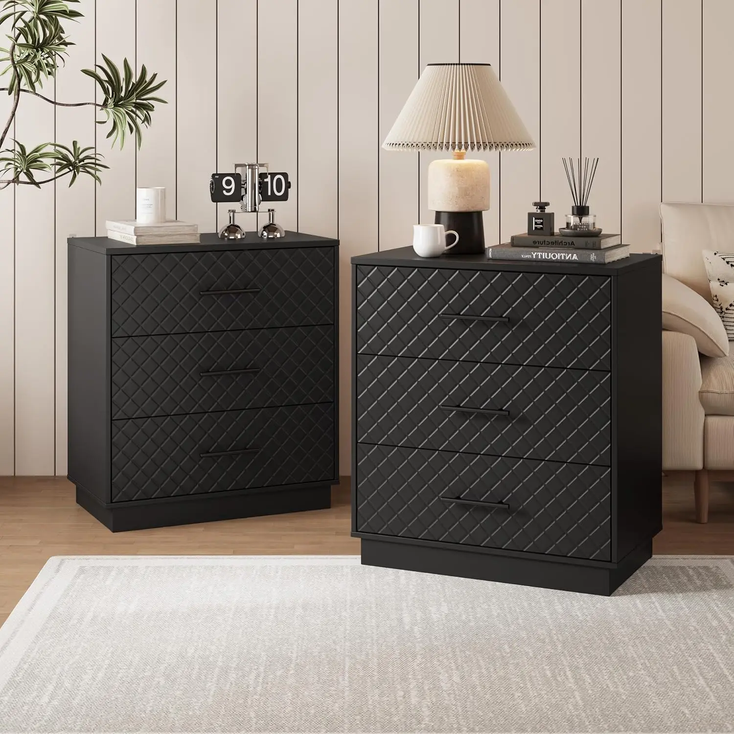 Nightstand Set of 2 with RGB Lights, Wood Bedside Table, Black Modern End Table with Diamond Pattern for Bedroom, Customized