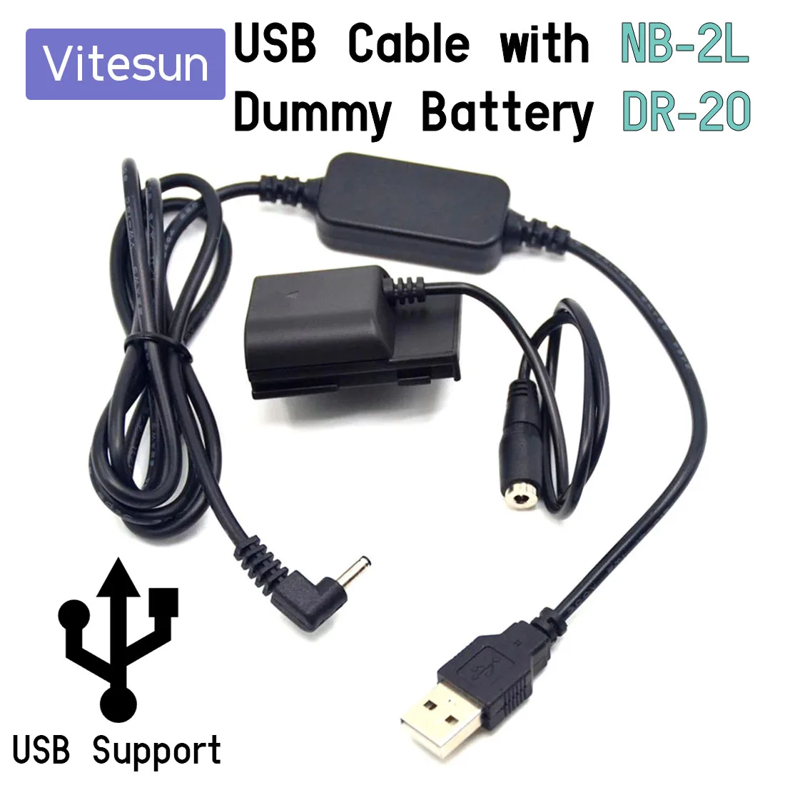 Vitesun 5V Power Bank USB Cable Adapter + NB2L Dummy Battery DR-20 for Canon G7 G9 S40 S45 S50 S55 S60 S70 S80 EOS 350D 400D