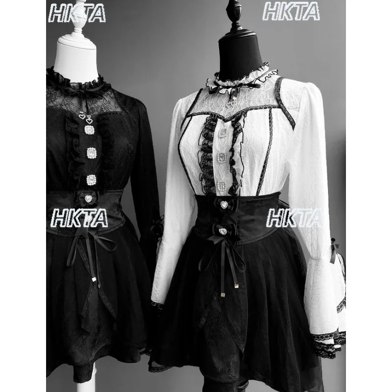

Japanese Mass Produced Subculture Lace Turtleneck Sleeves Black Shirt Tops Women High Waist A Line Mini Skirts Set for Female
