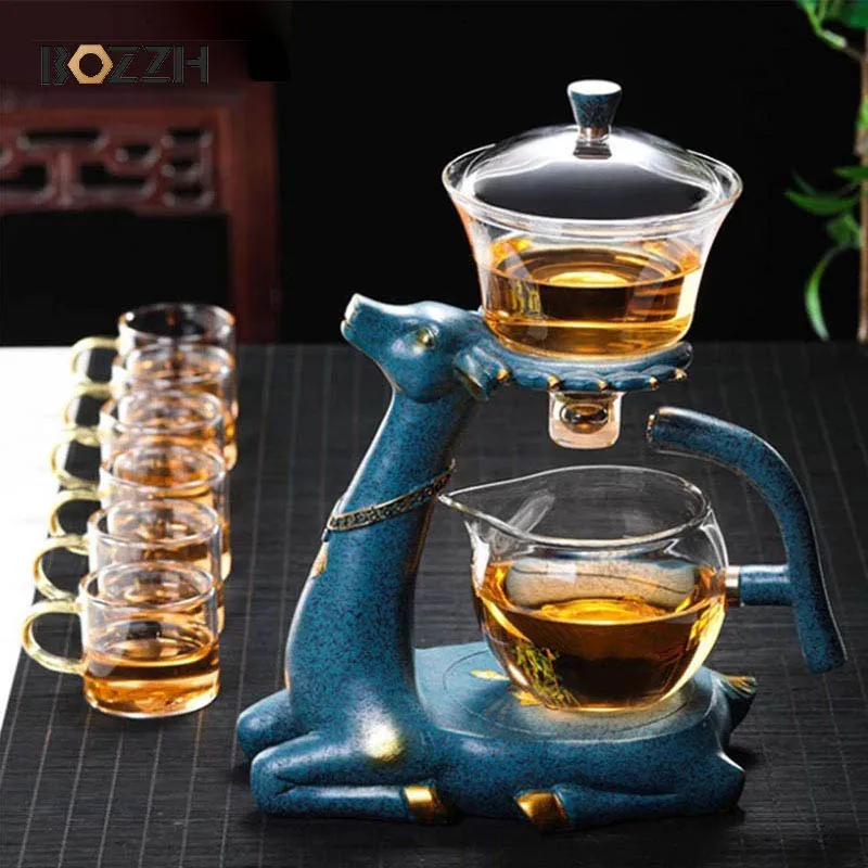 BOZZH-Kungfu Juego de té de vidrio, tetera de ciervo creativa, desviación de agua magnética, infusor de té, bote de goteo turco con base