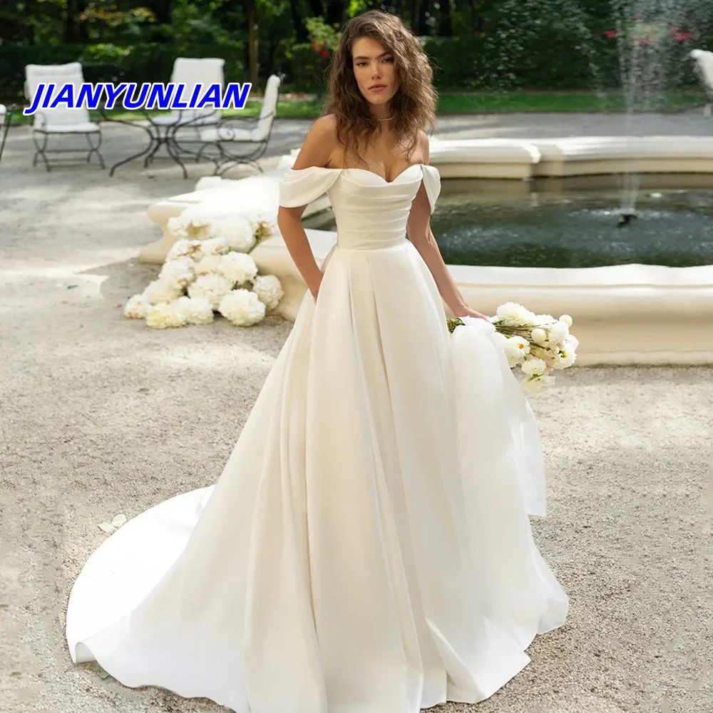 

Wedding Dress Customized Off The Shoulder Pleat Body Sweep Train A Line Satin Bridal Gown Vestidos De Novia Lace-up
