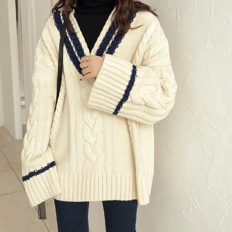 

V-neck Loose Pullover Autumn Winter Sweater Women Fashion Long Sleeve Knitted Top Solid Color Knitwear Vintage Elegant Jumper