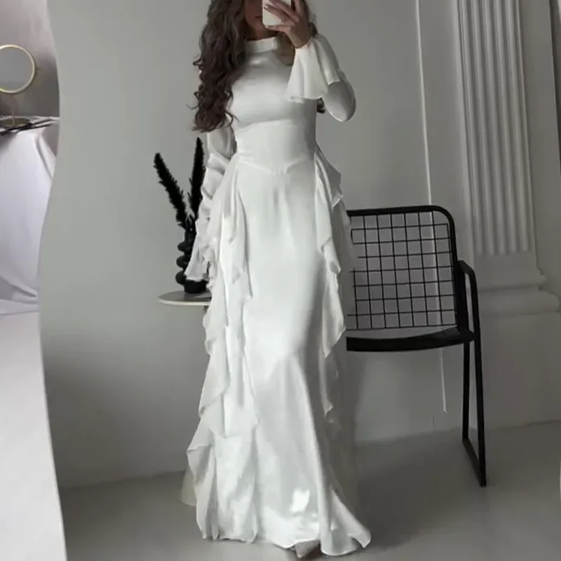 Elegant Women's Dresses New 2024 Autumn Round Neck Trumpet Sleeves with High Waist Splicing To Look Thin DressSolid Skirt Y2k