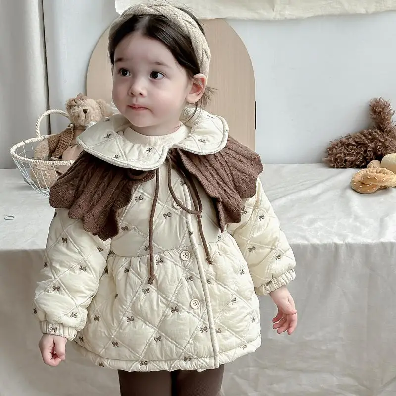 2024 Thick Causal Children Coat  Long Sleeves Turn Down Collar Baby Girl Clothing Bowknot Warm Girls Coats Winter Clothing Pants