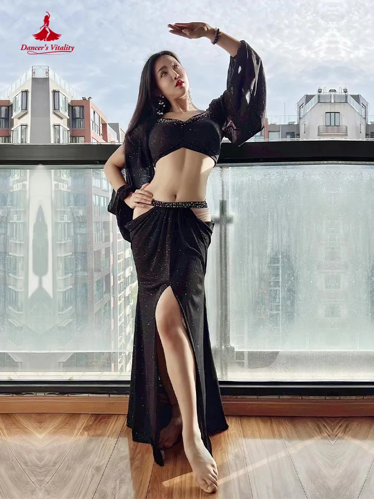 Sutiã + saia longa dividida, 2 peças, roupa de dança do ventre oriental, traje de dança do ventre feminino, roupa de dança exótica, mangas compridas
