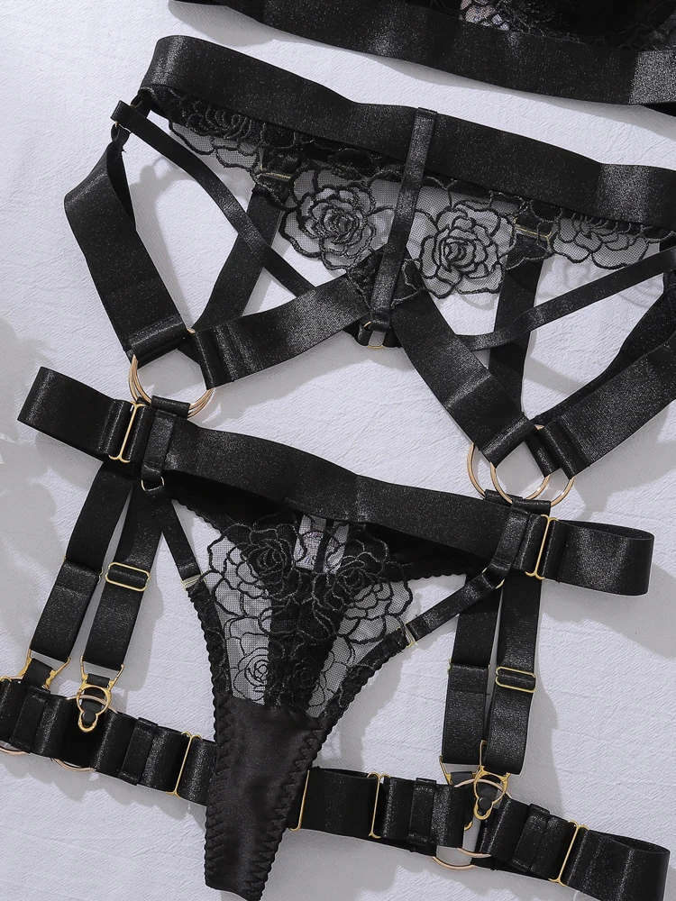 Belamimi Sexy Lingerie Suit Women Solid Color Mesh See-through Hollow Slim Fit Tempting Underwear 5-piece Set Garters Lingerie