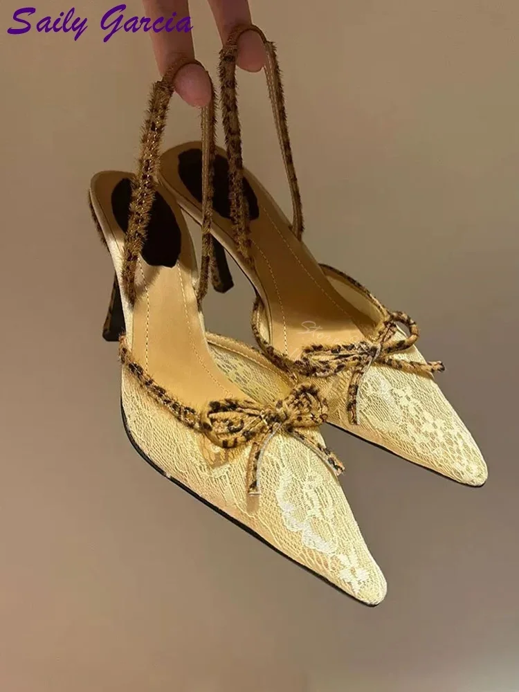 

Sexy Lace Stiletto Pumps Pointed Toe Leopard Butterfly-knot High Heels Elastic Band Fashion Daily Shoes 2025 Women Summer 7cm