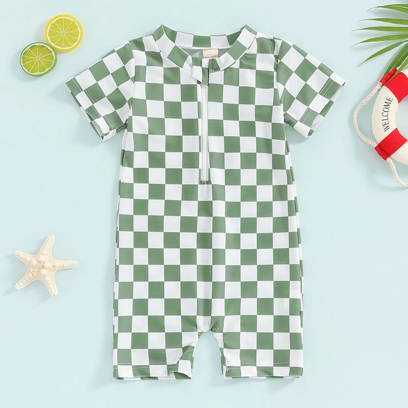 Toddler Rash Guard Swimsuit Checkerboard Print Short Sleeve Zip Up Bathing Suit Swimwear