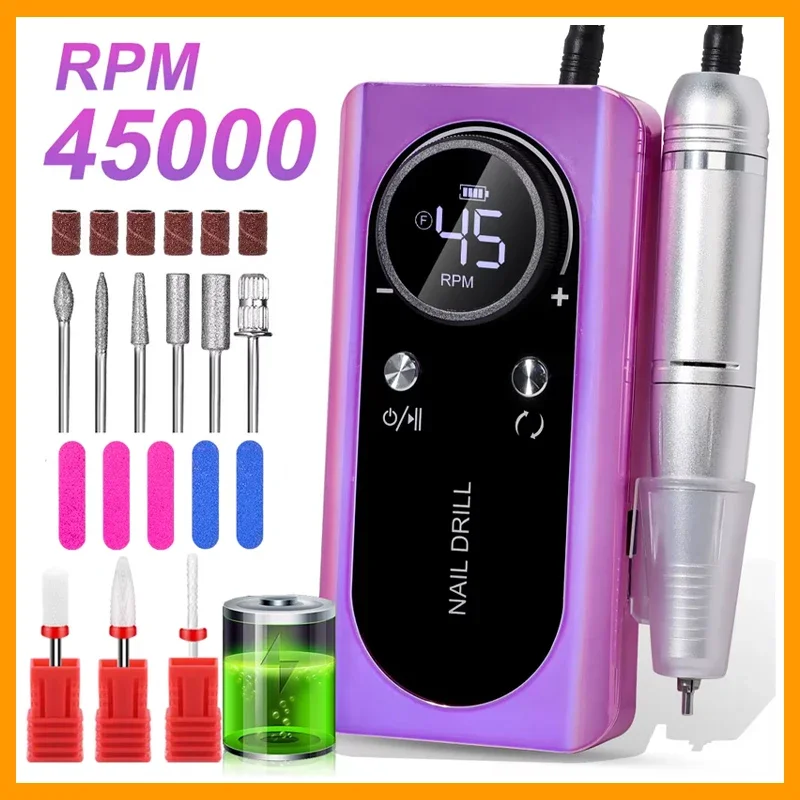 

45000RPM Nail Drill Machine Kit Rechargeable Electric Portable Nail Sander File for Gel Nails Polishing For Manicure Salon Home