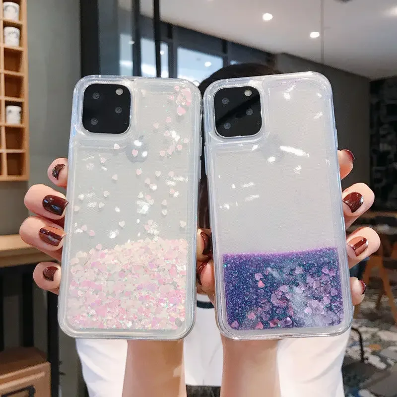 Liquid Soft Silicone Phone Case for iPhone 17 14 16 Pro Max 15 Plus Cover Glitter Quicksand Water Coque Heart Float Sequins Capa