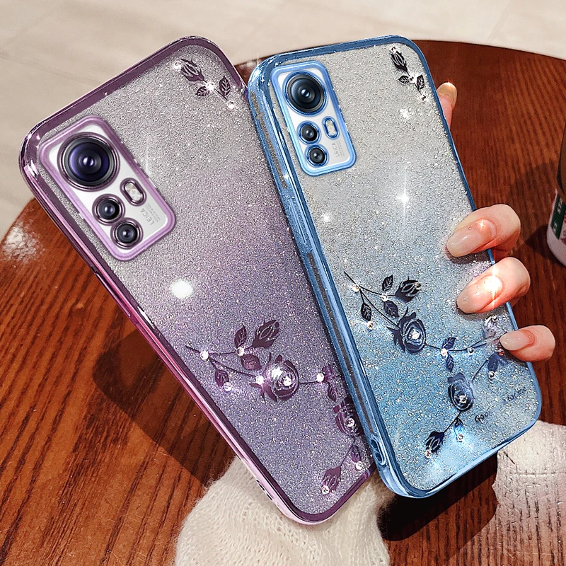 Bling Glitter Flower Case For Xiaomi Redmi Note 12 12S 11 11S 10S 10 Pro Max Plus Turbo Prime 12C 10C 11A Plating Soft Cover