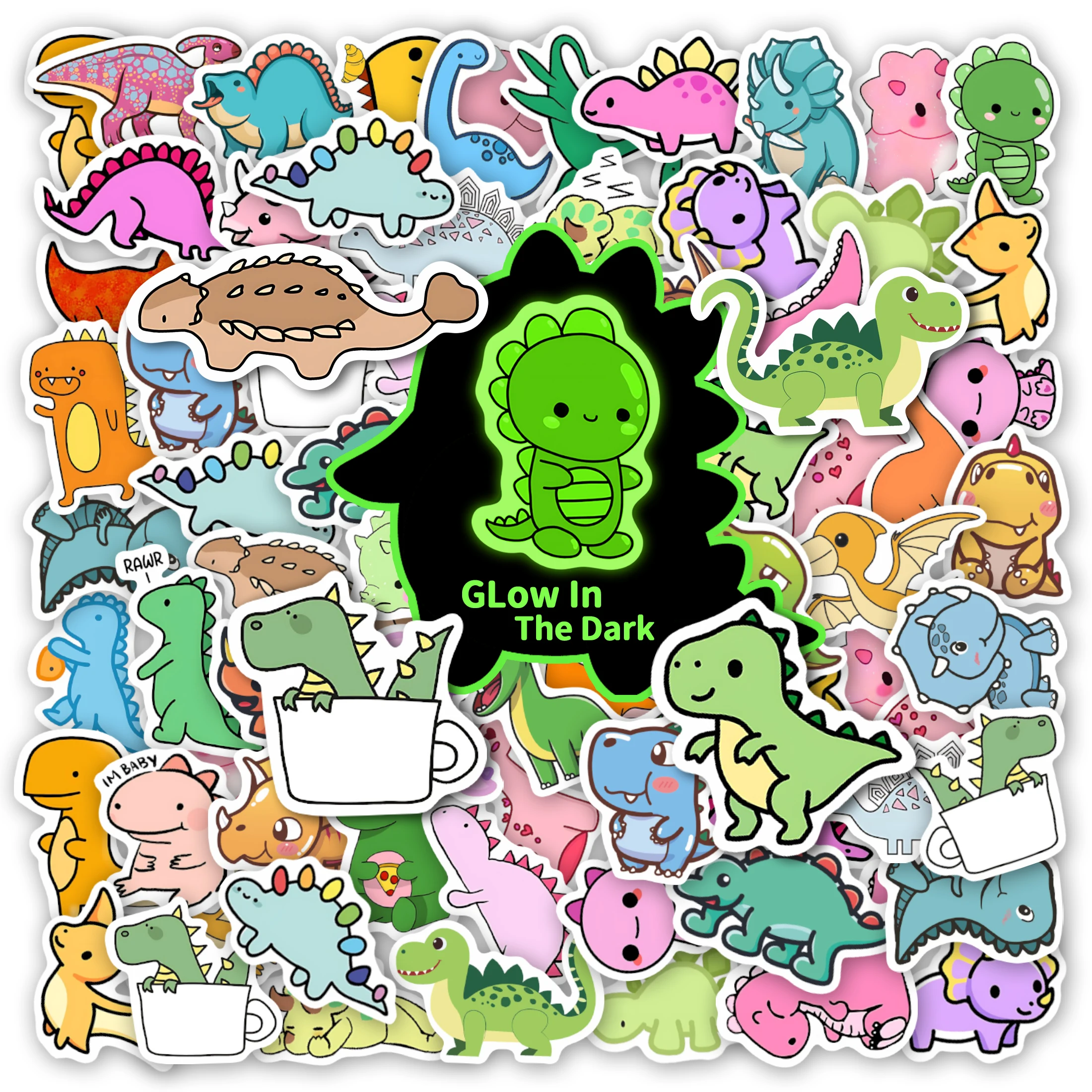 Glow in The Dark Cartoon Cute Little Dinosaur Pattern Stickers 50pcs Luminous Notebook Water Bottle Waterproof Stickers Supplies