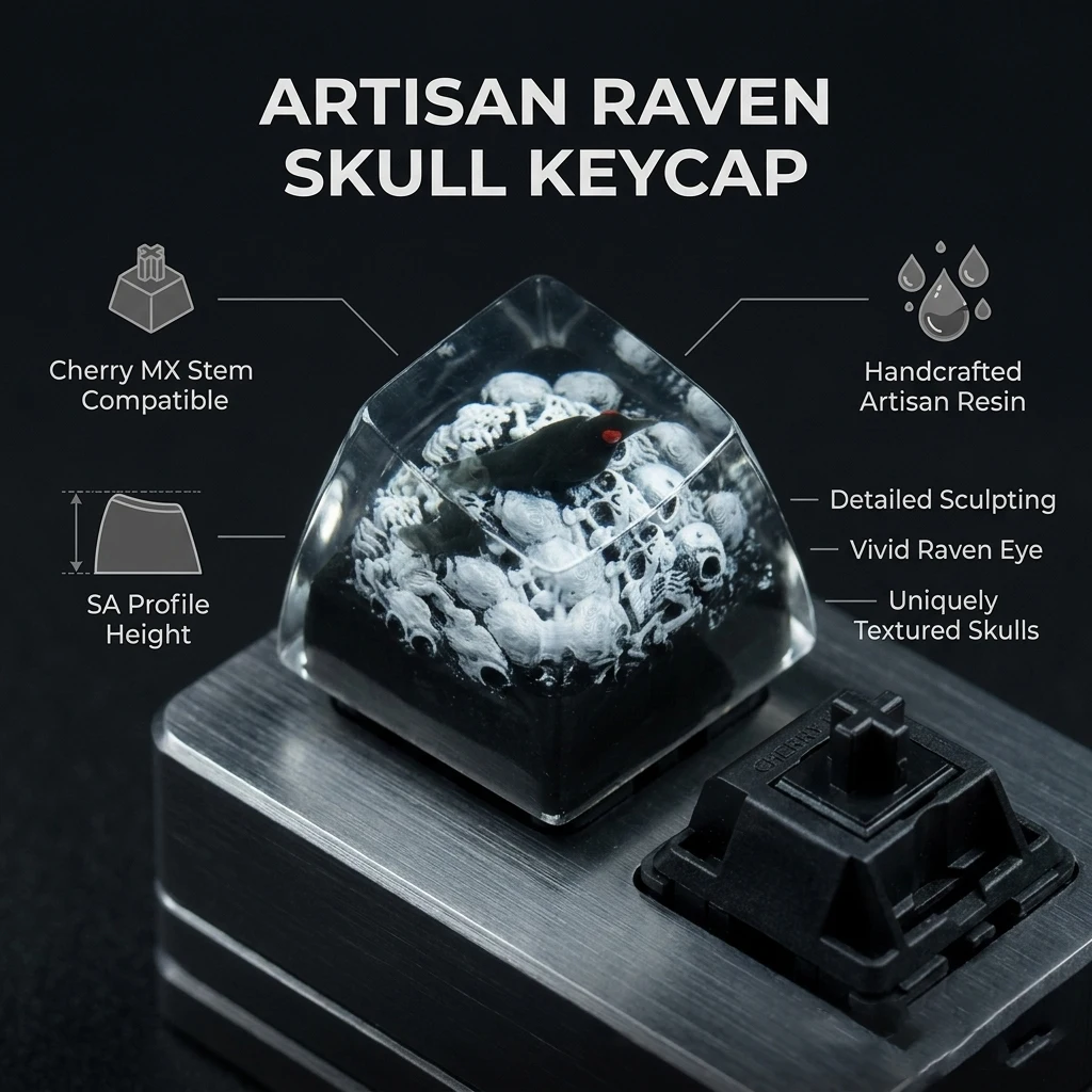 STJORNEX Artisan ESC Keycap Resin Dark Gothic Raven & Stacked Skulls  - Handmade SA Profile for Cherry MX Mechanical Keyboard