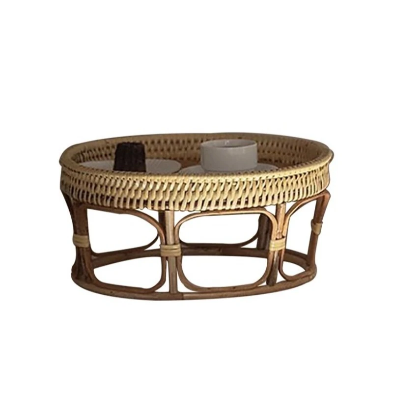 Wabi-sabi rattan coffee table small apartment tatami bay window living room round French medieval picnic in...