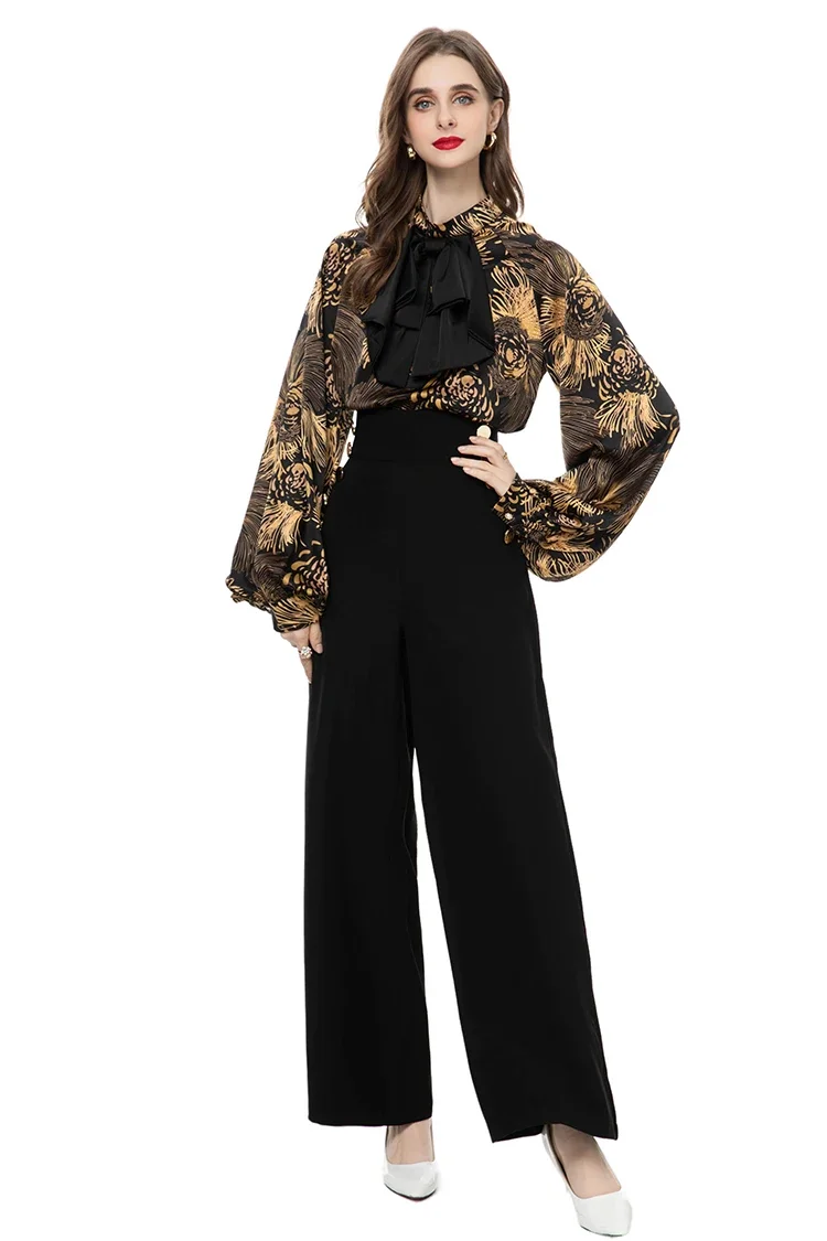 

Autumn Fashion Runway Vintage Print Pant Set Women Lantern Sleeve Bow Slim Top High Waist Wide Leg Trousers Two Piece Outfits