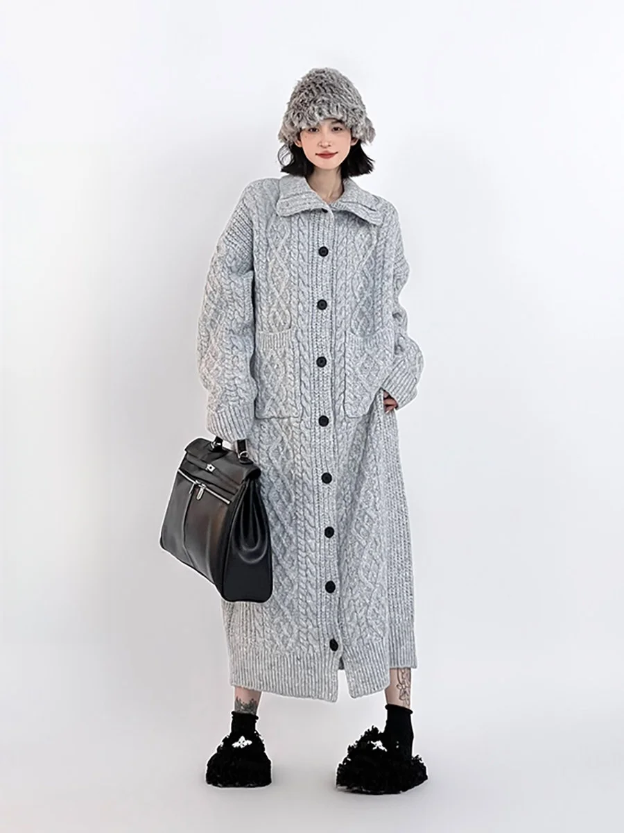 

ay Lazy Sle Long Sweater Cardigan Women's Autumn Winter Korean Knee-Length Casual Versatile Knitted irt Warmth Heating