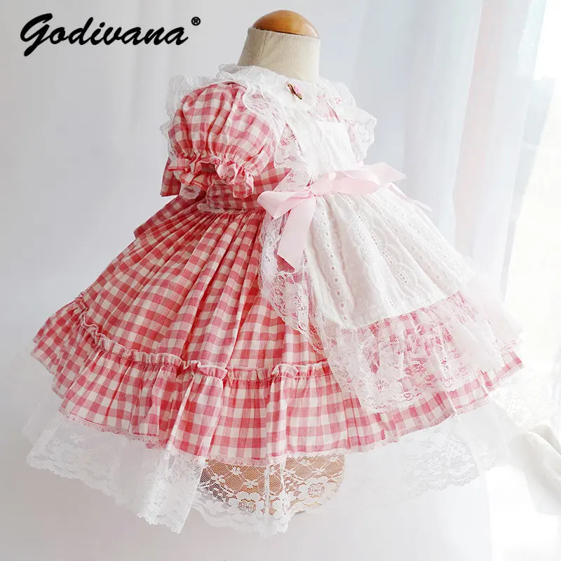 

Sweet Baby Girls Summer Princess Lolita Dress Kids Puff Sleeve Red Plaid Lace Patchwork Cute Doll Collar Bow Birthday Party Gown