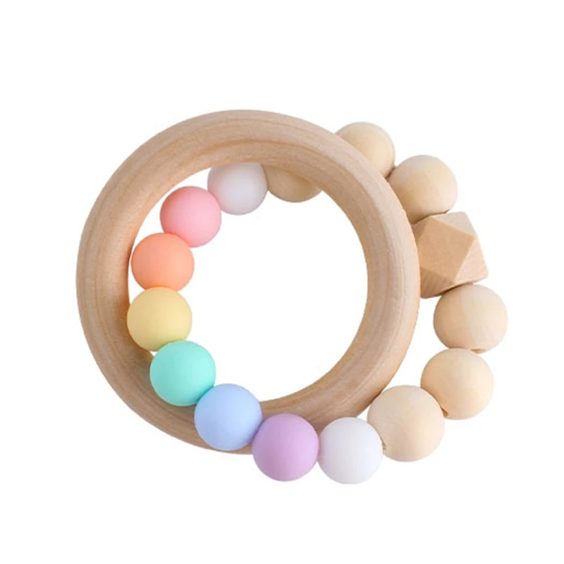 Wooden Teether Silicone Beads Wood Crafts Ring Candy Color Bead Baby Teether