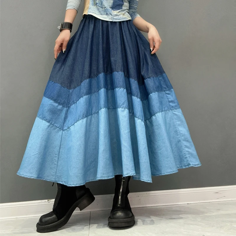 

SuperAen Spring/Summer 2024 New Women's Denim Skirt Big Swing A-Line Patchwork Casual Fashion Skirt